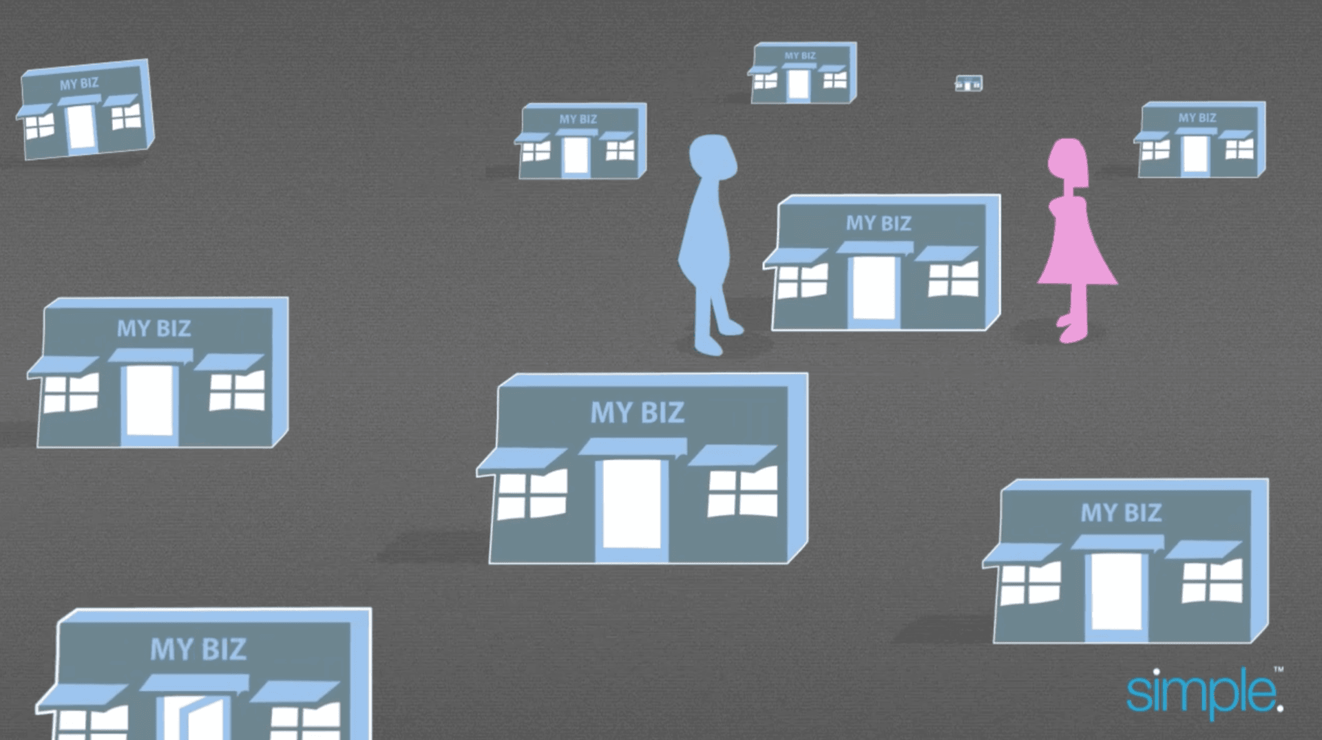 Cartoon silhouette of man and woman standing near a business with multiple copies of the business all around them